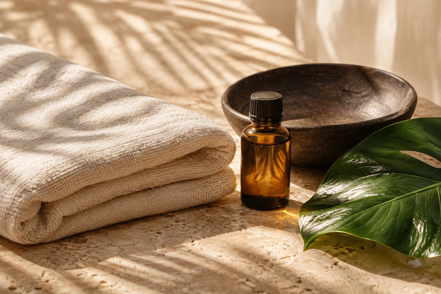 Massage oil, cream towels and a tropical leaf in soft summer light